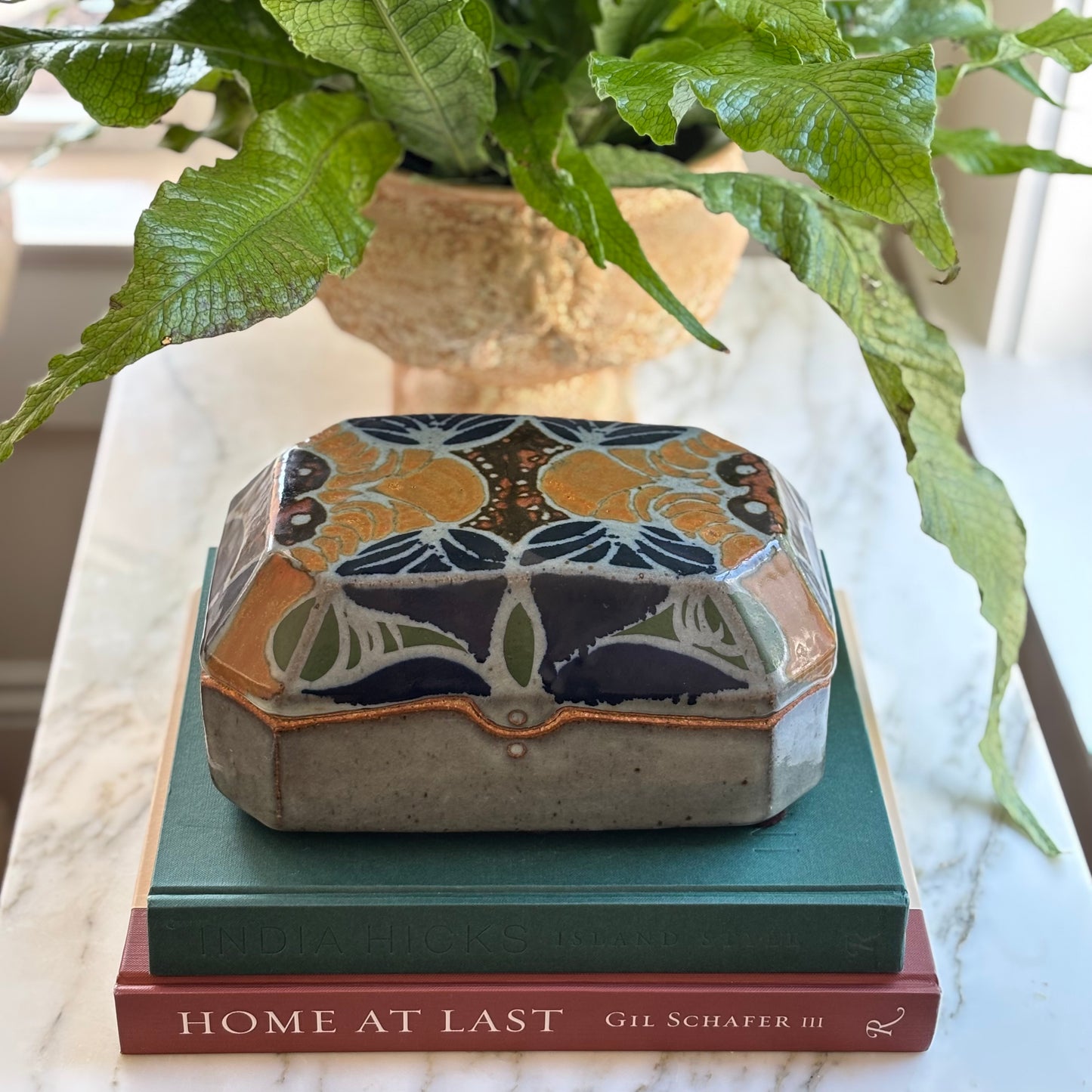 Rectangular Lidded Stoneware Painted Box