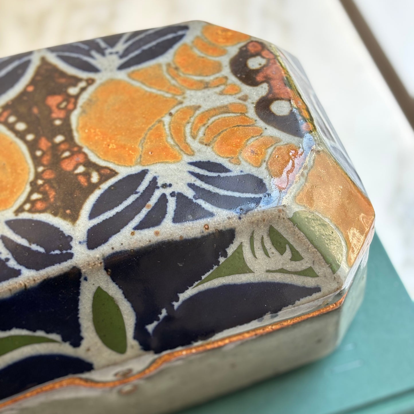 Rectangular Lidded Stoneware Painted Box