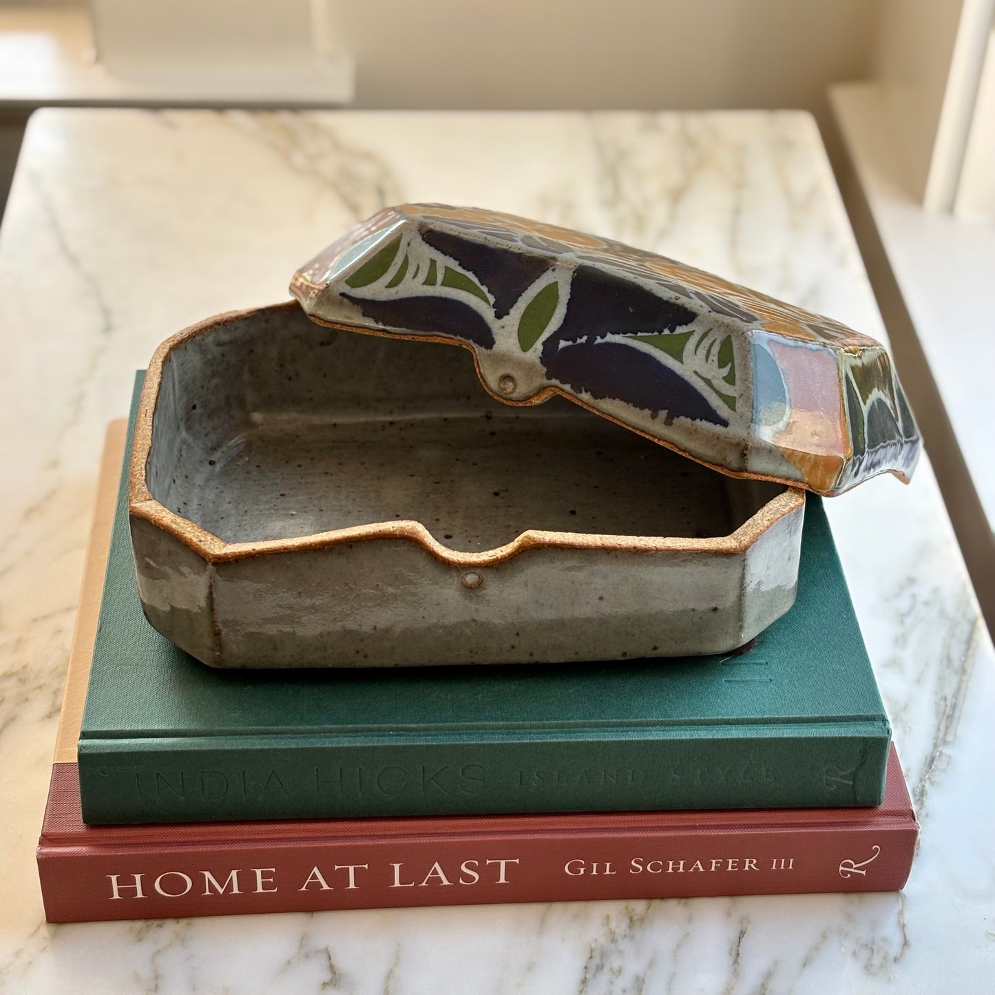 Rectangular Lidded Stoneware Painted Box