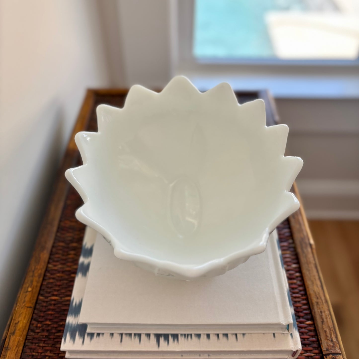 Milk Glass Lotus Oval Bowl
