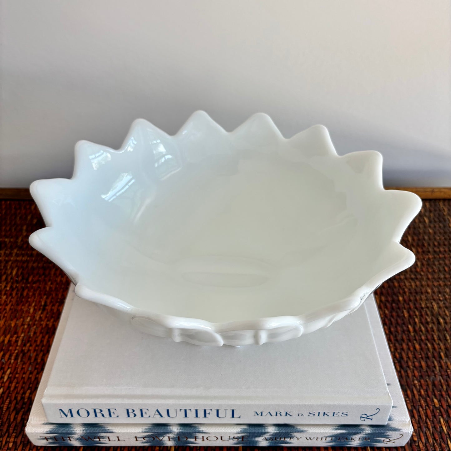 Milk Glass Lotus Oval Bowl