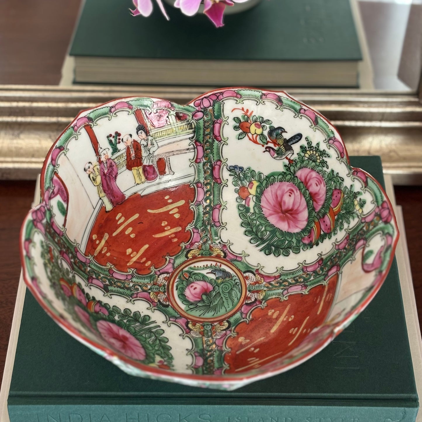 Vintage Famille Rose Medallion Lotus Bowl