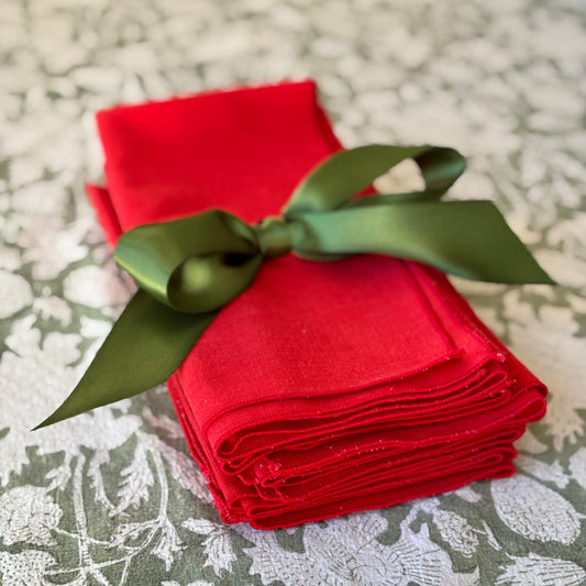 Vintage Set of 7 Red Linen Dinner Napkins