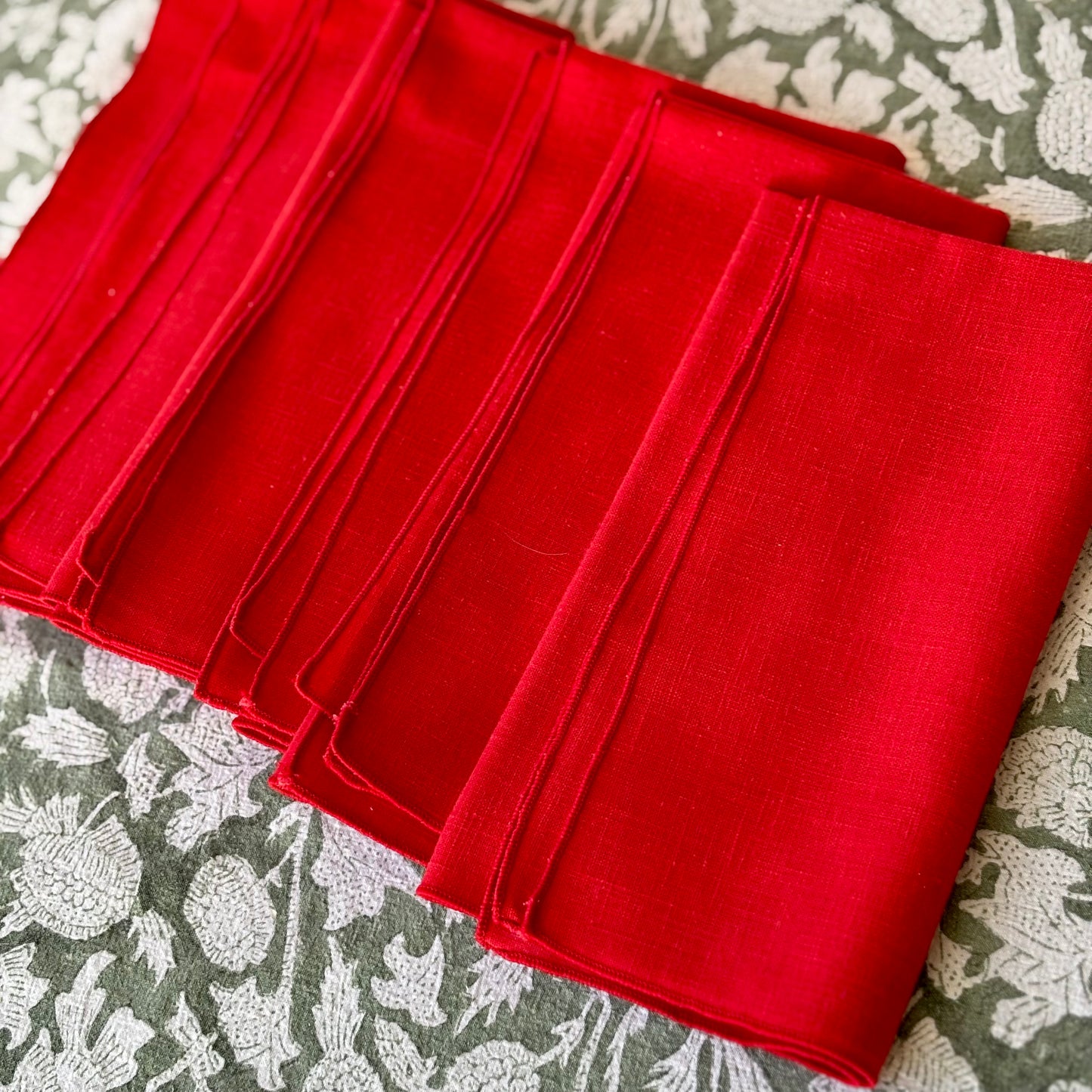 Vintage Set of 7 Red Linen Dinner Napkins