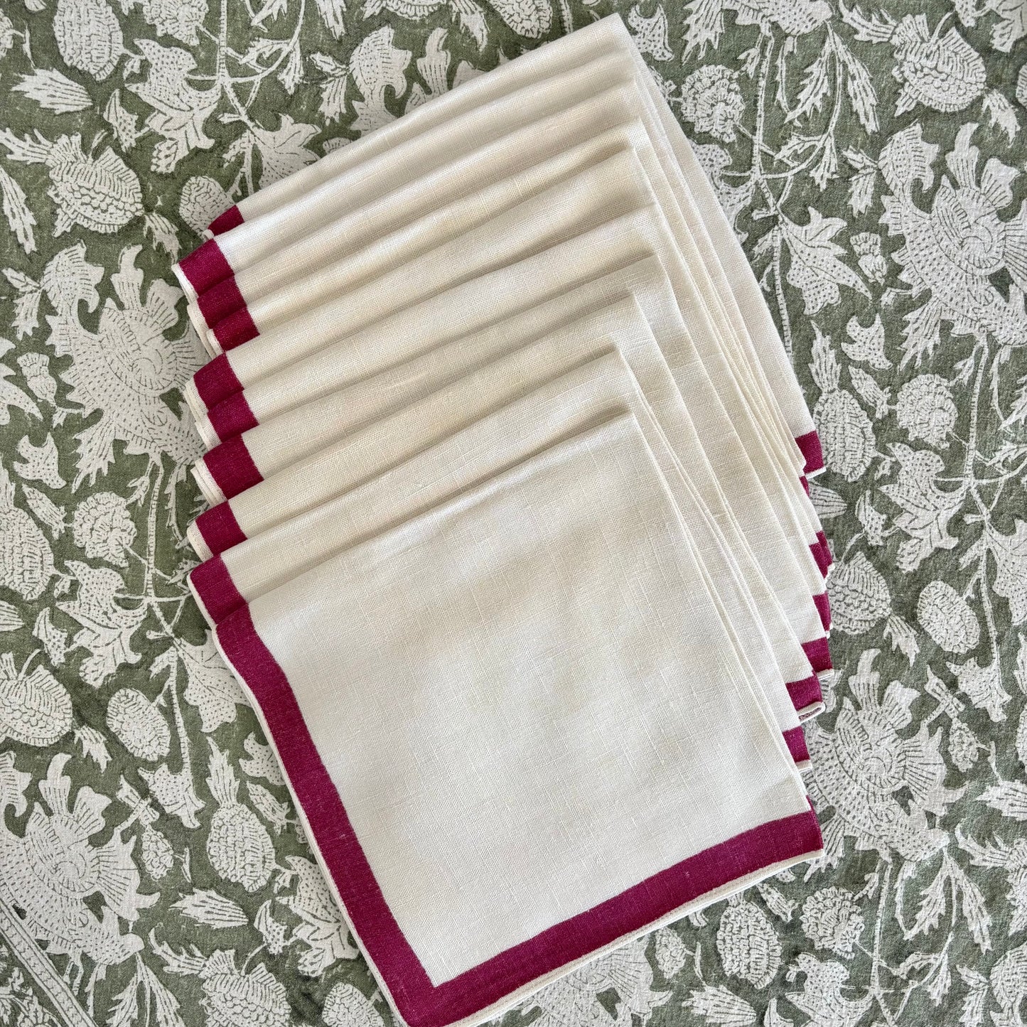 Vintage Set of 10  Linen Pink Trimmed Napkins