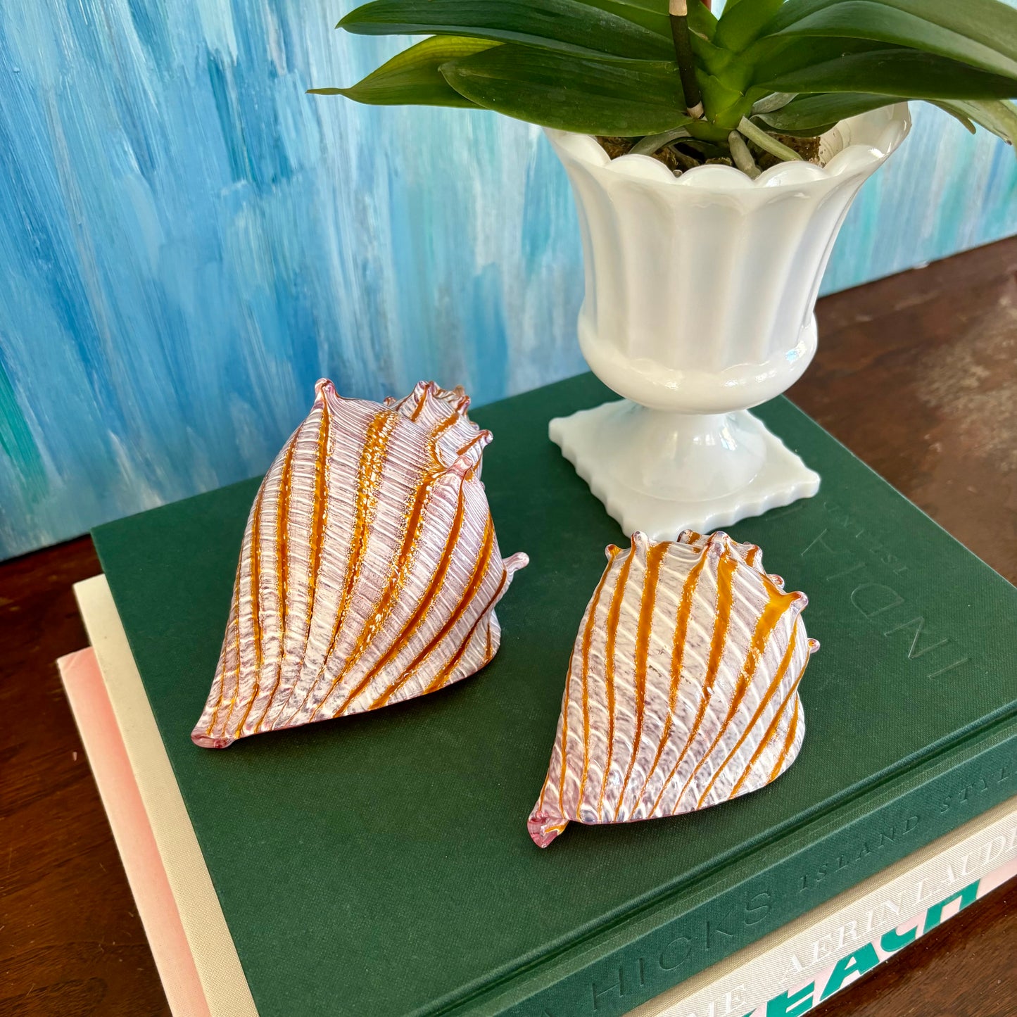 Pair of Estate Silkwood Glass Conch Shells