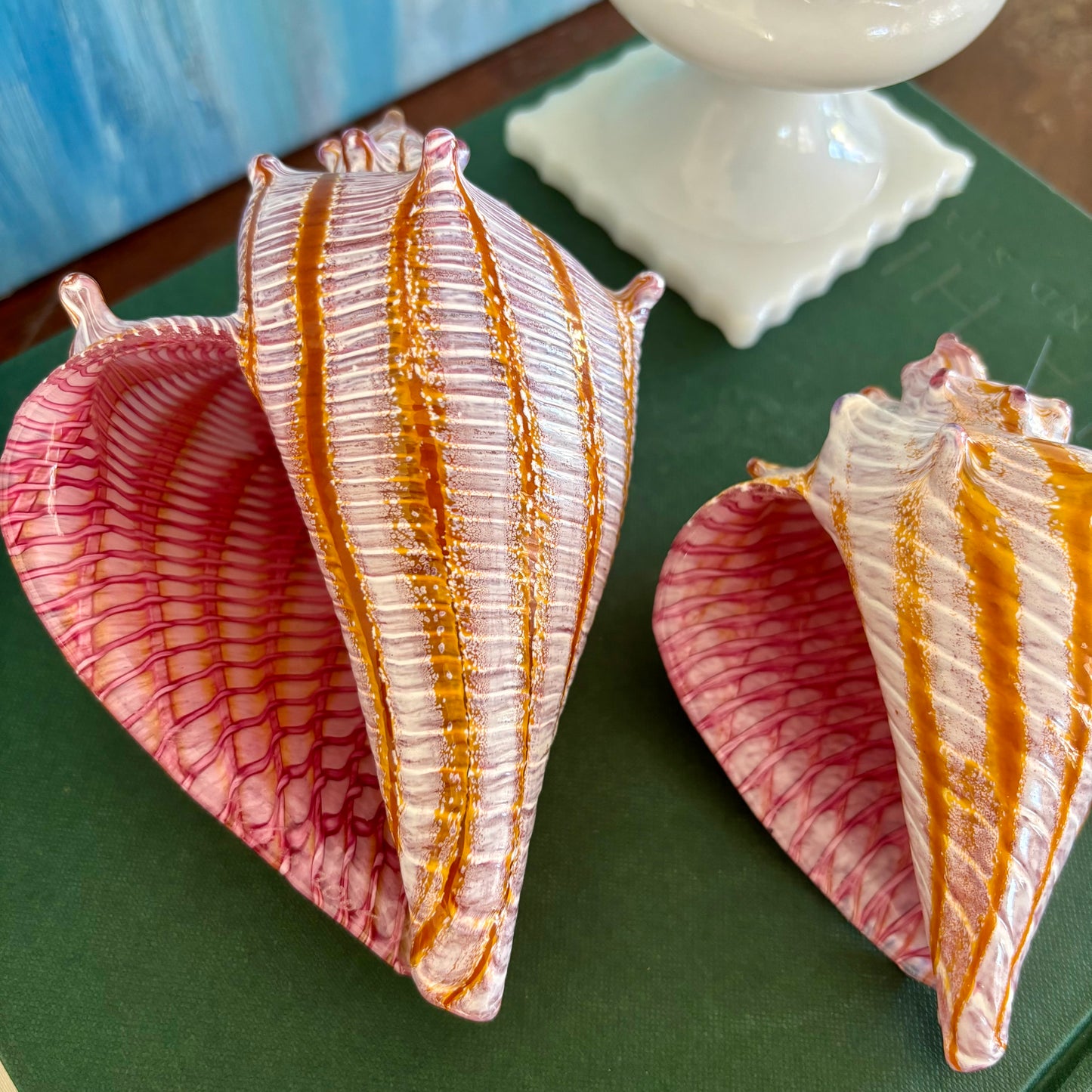 Pair of Estate Silkwood Glass Conch Shells