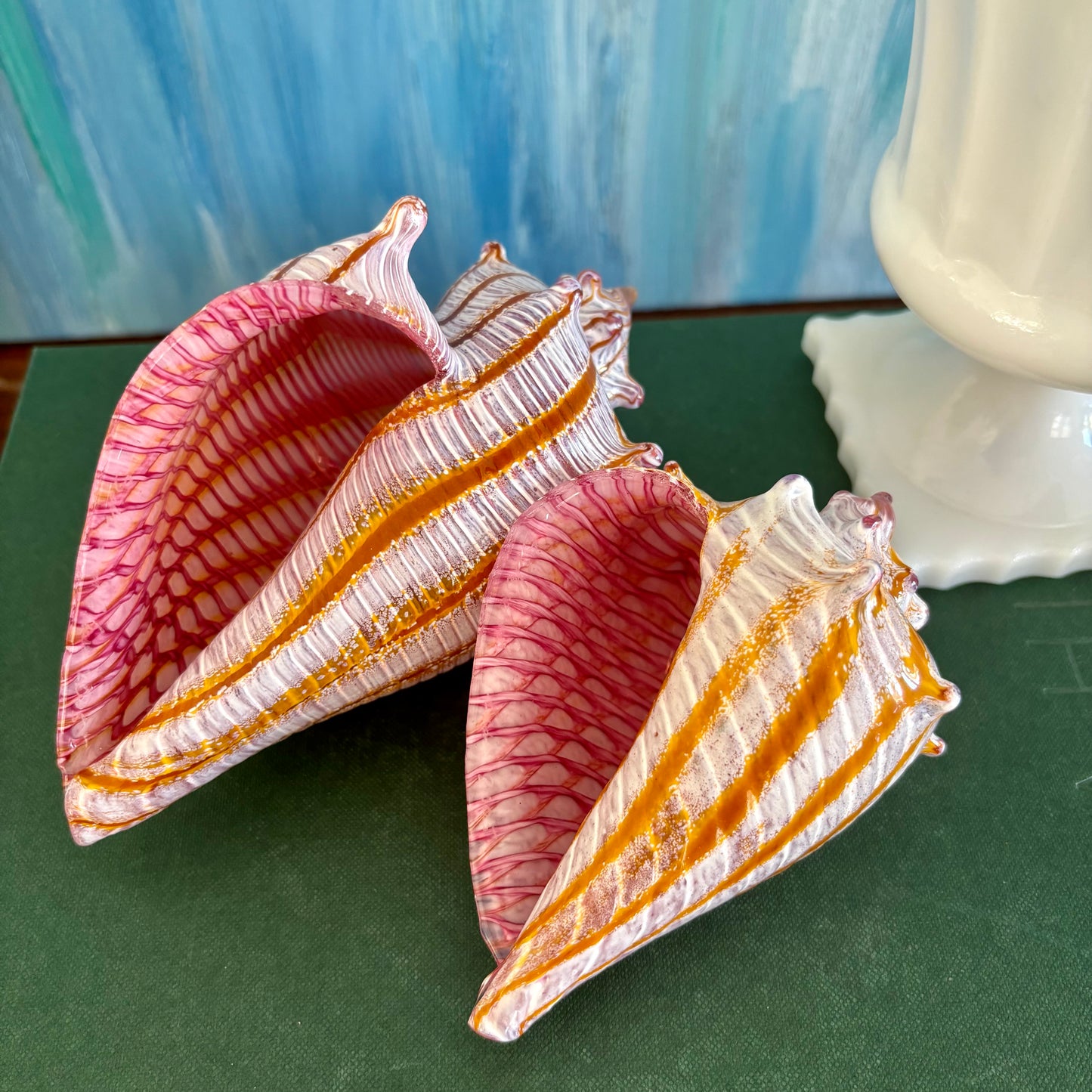 Pair of Estate Silkwood Glass Conch Shells