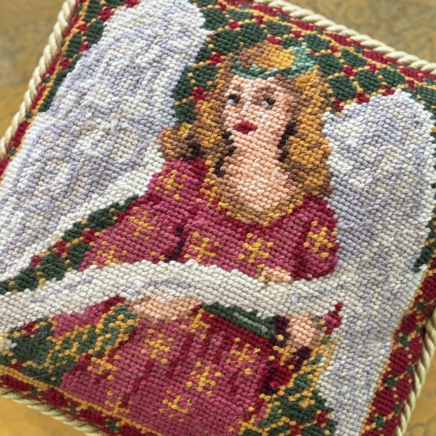 Vintage Needlepoint Wool Angel Pillow