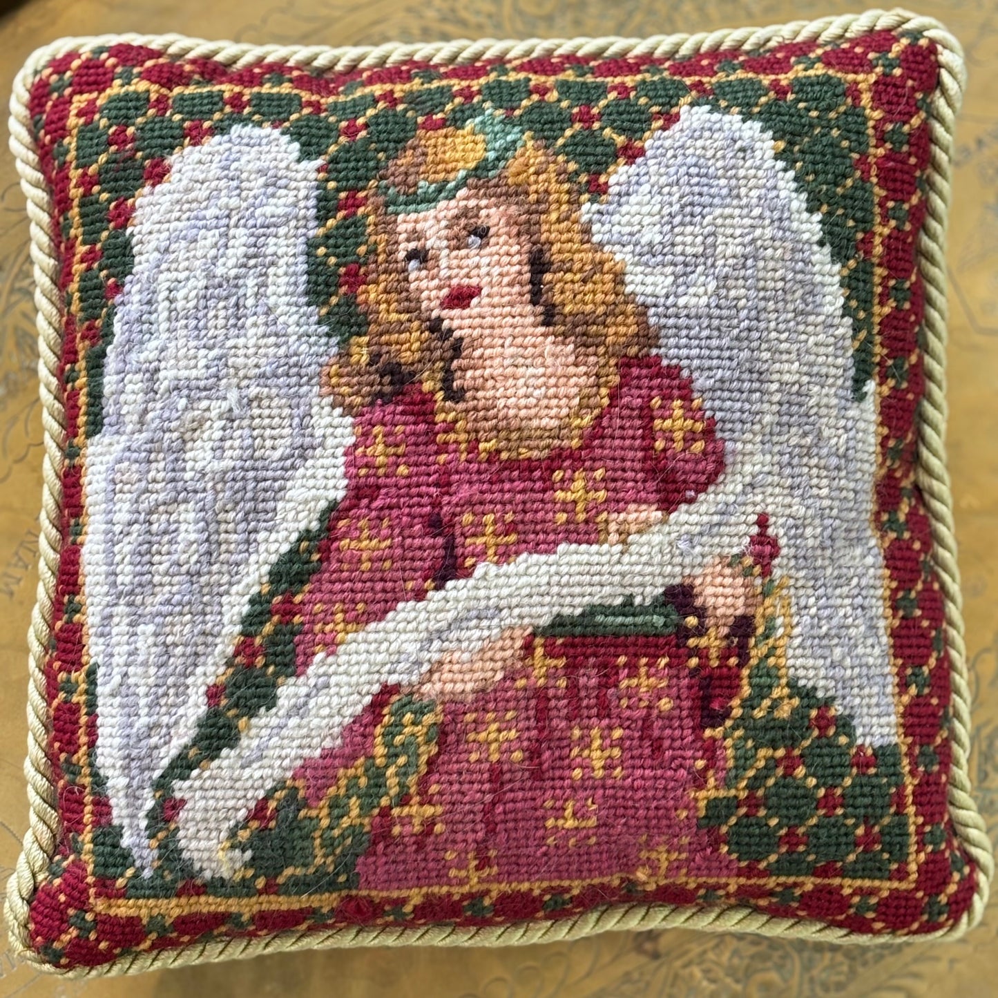 Vintage Needlepoint Wool Angel Pillow
