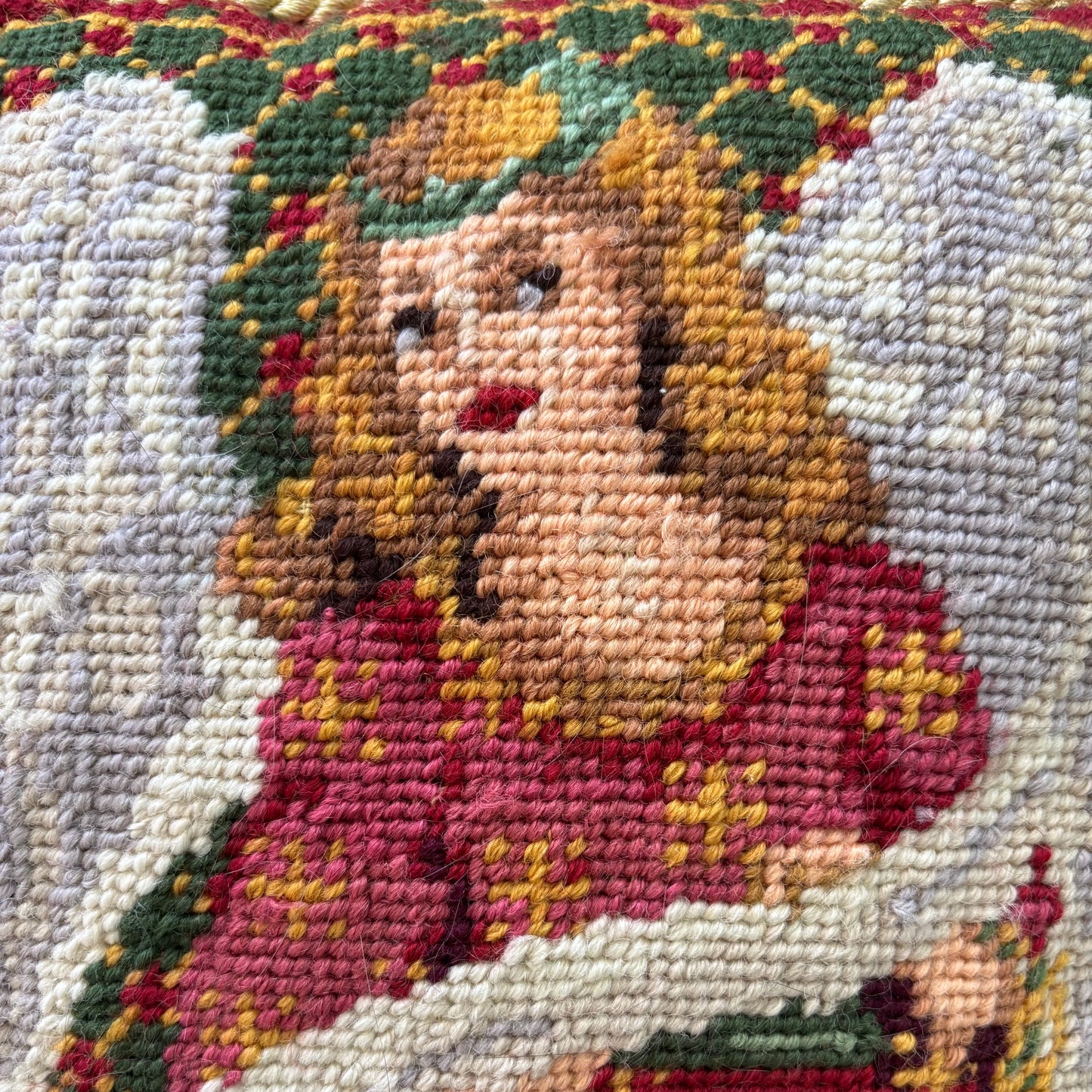 Vintage Needlepoint Wool Angel Pillow