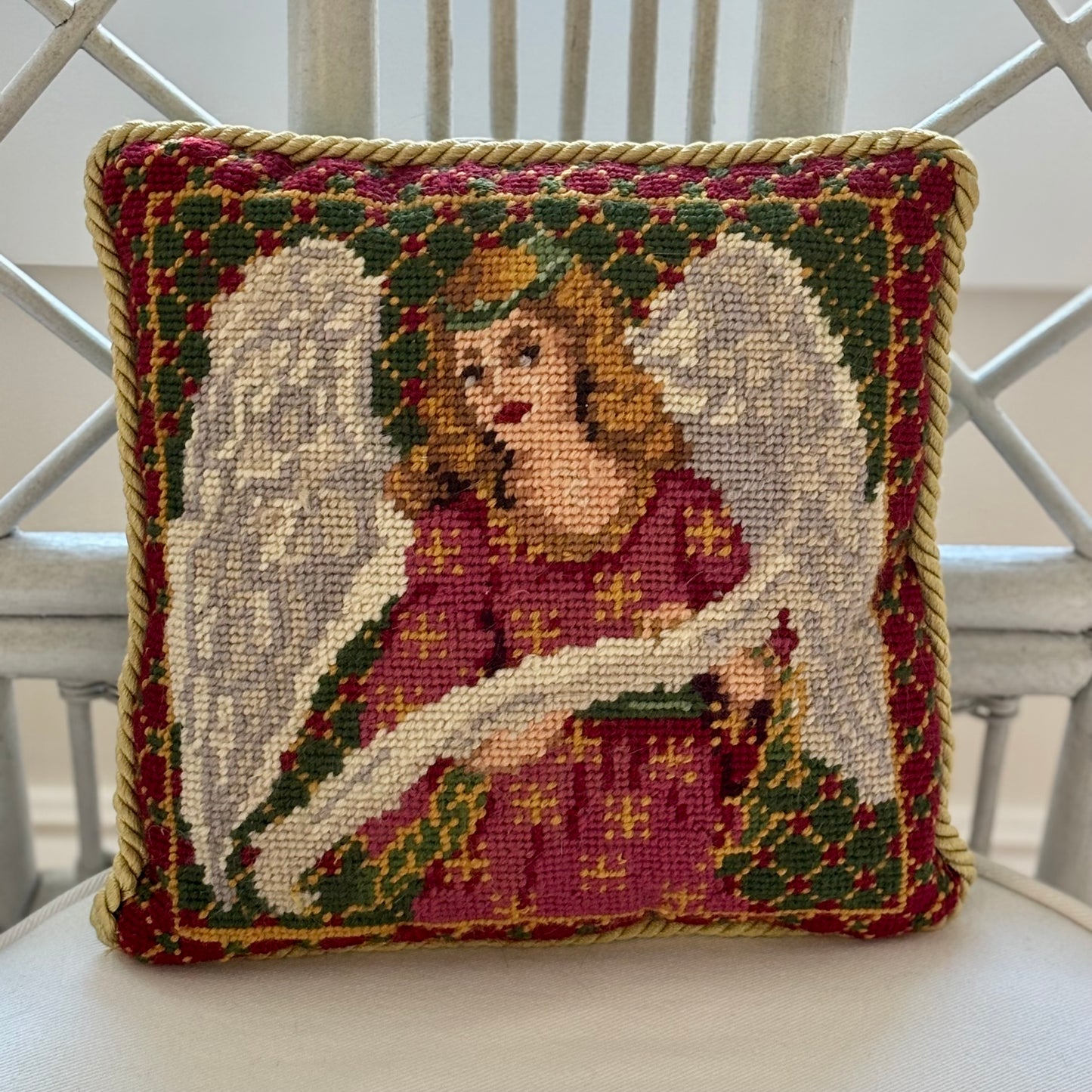Vintage Needlepoint Wool Angel Pillow