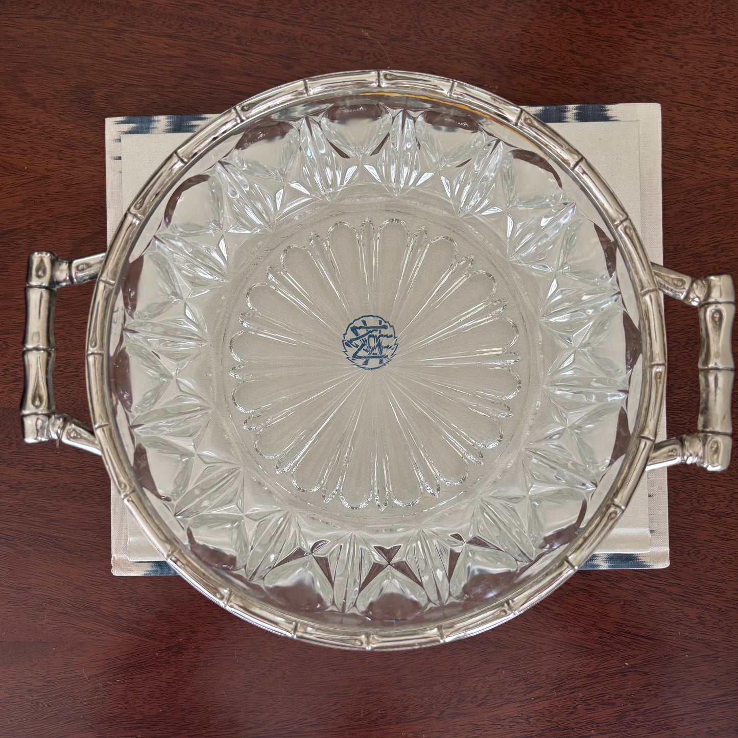 Vintage Glass Bowl with Silver Bamboo Handles