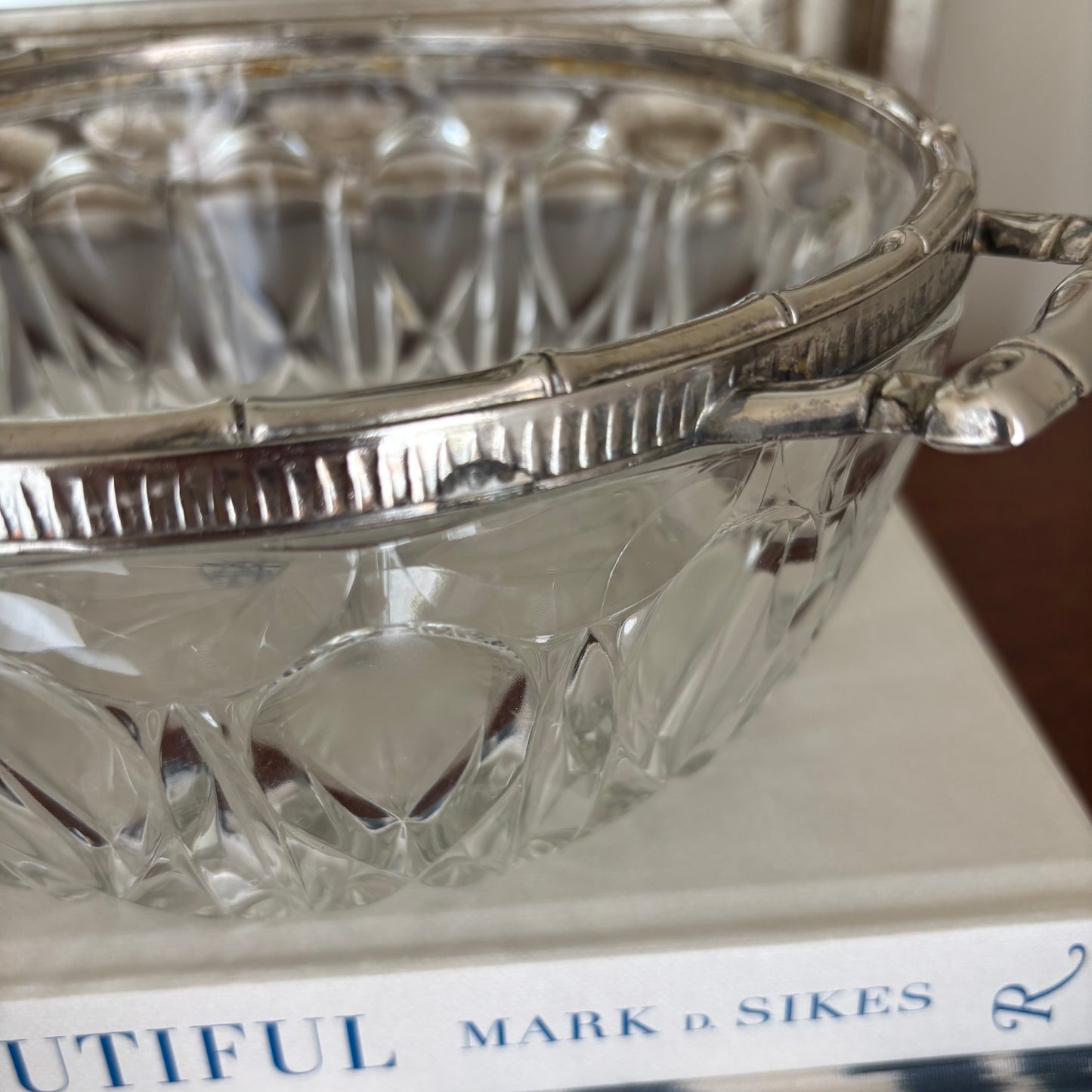 Vintage Glass Bowl with Silver Bamboo Handles