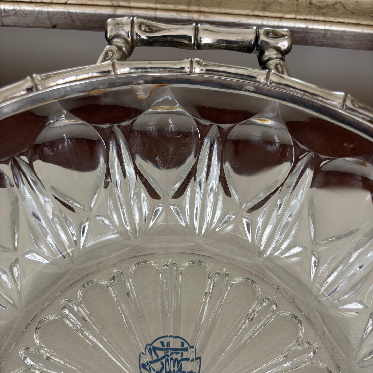 Vintage Glass Bowl with Silver Bamboo Handles