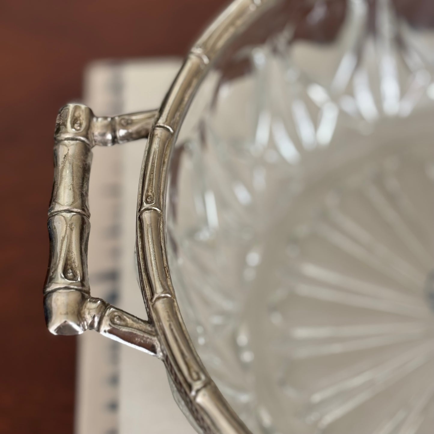 Vintage Glass Bowl with Silver Bamboo Handles