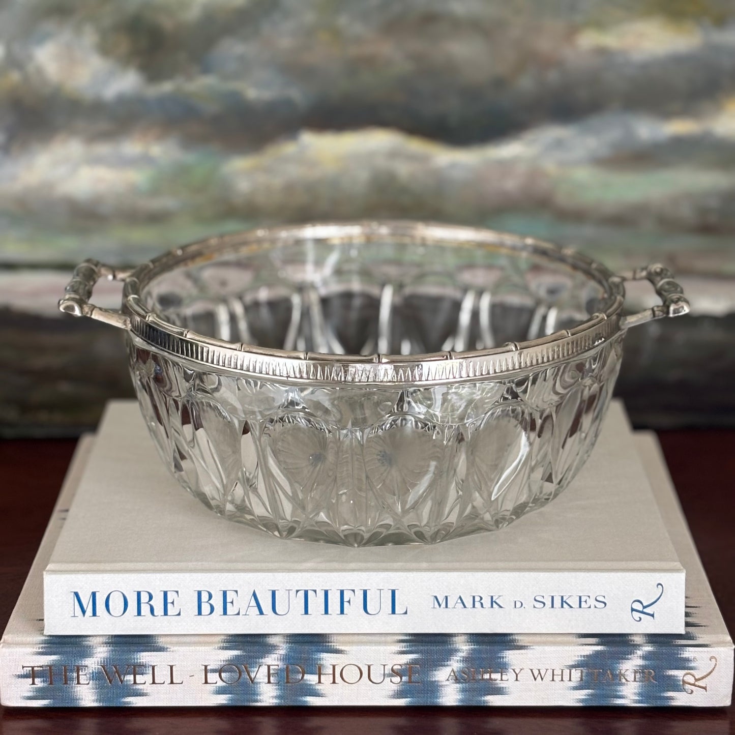 Vintage Glass Bowl with Silver Bamboo Handles