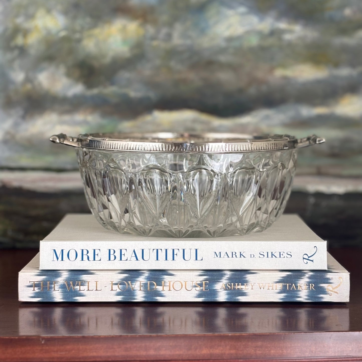 Vintage Glass Bowl with Silver Bamboo Handles