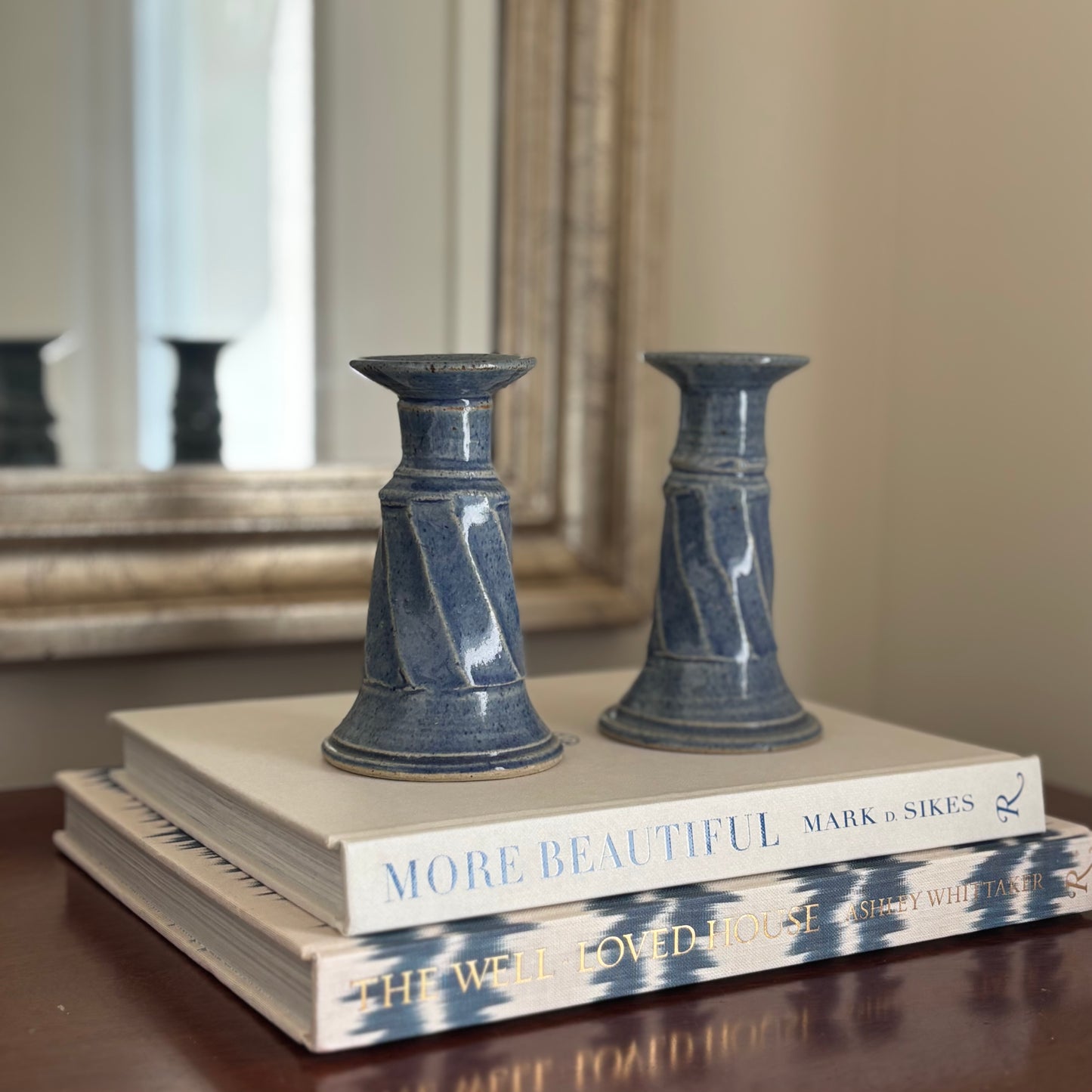 Pair of Blue Ceramic Candlestick Holders