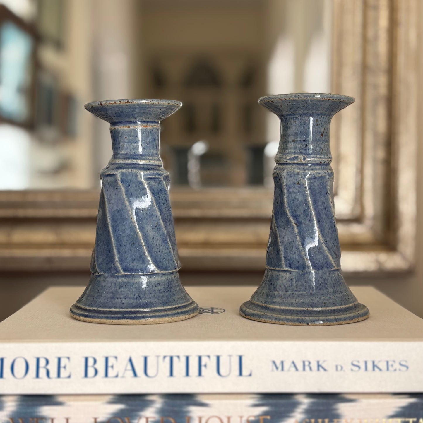 Pair of Blue Ceramic Candlestick Holders