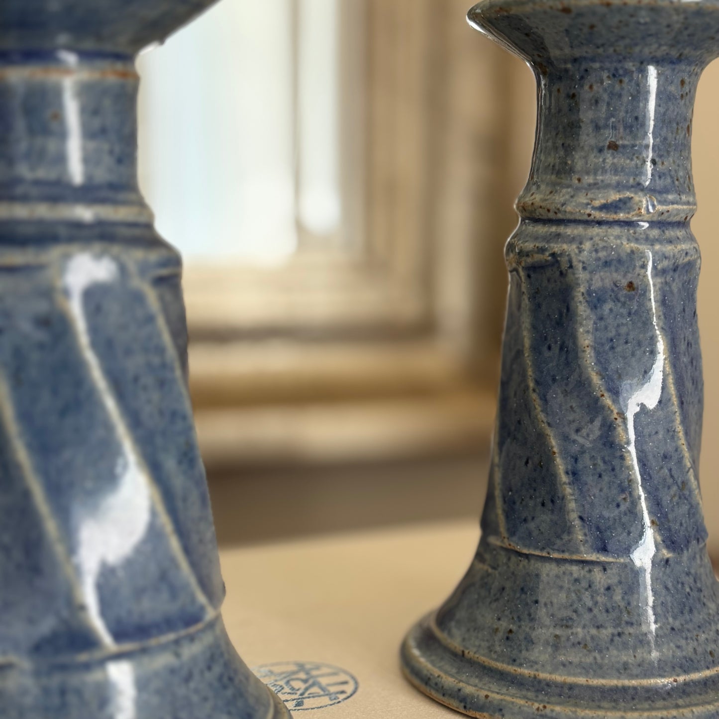 Pair of Blue Ceramic Candlestick Holders