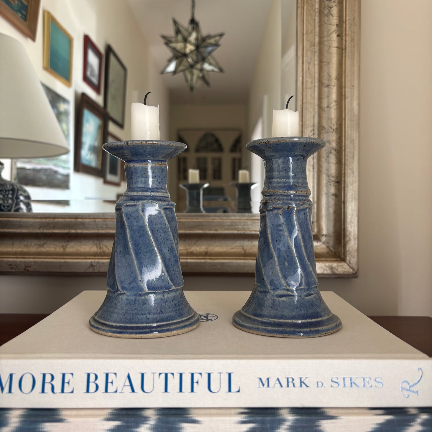 Pair of Blue Ceramic Candlestick Holders