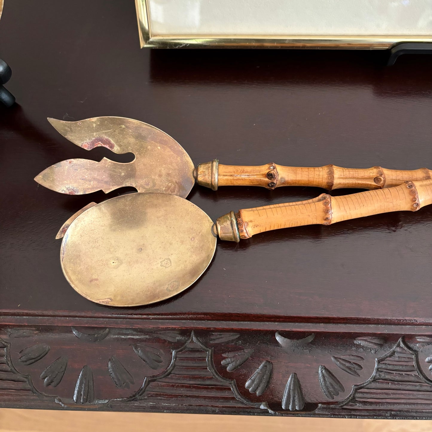 Vintage Bamboo and Brass Serving Set