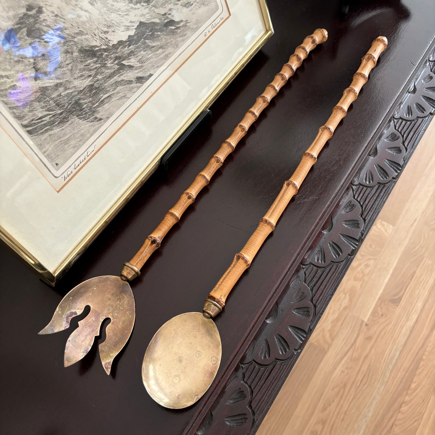 Vintage Bamboo and Brass Serving Set